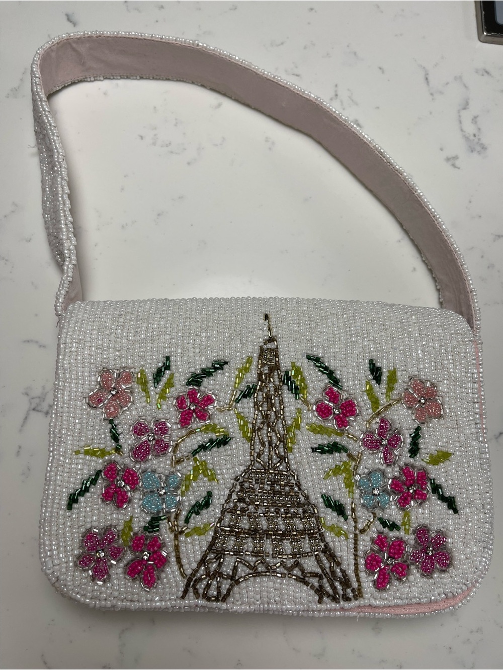 Studio 12 Beaded White Floral Shoulder Bag with Eiffel Tower Motif NWOT